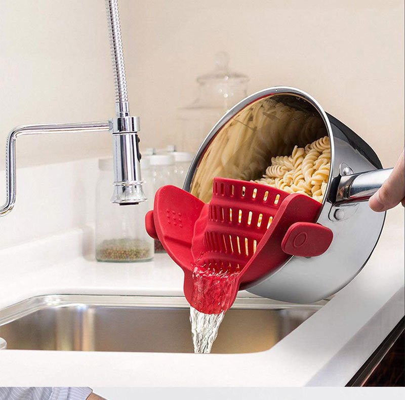 Red Silicone Pot Strainer in use Pasta Strainer