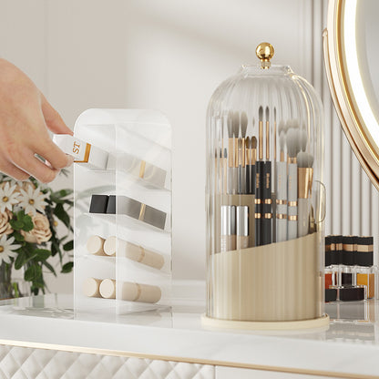 Light luxury bird cage lid cosmetic storage box desktop rotatable compartment storage tube transparent dustproof makeup box with cover